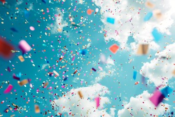The blue sky serves as a backdrop for a lively display of multicolored confetti floating and swirling in the air, Confetti-filled sky during a festive celebration, AI Generated