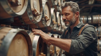 A man in a black shirt and suspenders is looking at wine barrels, AI - Powered by Adobe