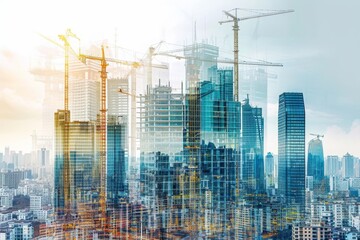 Cityscape With Numerous Tall Buildings Under Construction, Construction progression superimposed on a future urban skyline, AI Generated - obrazy, fototapety, plakaty
