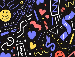 An illustration of a film smiley shapes and squiggle lines pills colors light pink on a black background, generated with AI