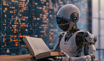 illustration of robot humanoid reading book and solving math data analytics in concept of future mathematics artificial intelligence
