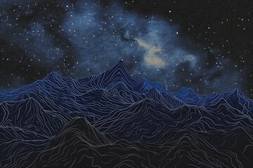 This photo depicts a painting featuring a night sky adorned with stars, set against a backdrop of...