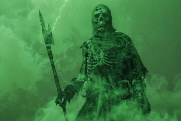 a towering skeleton clad in blackened armor and twisted bones and constantly surrounded 