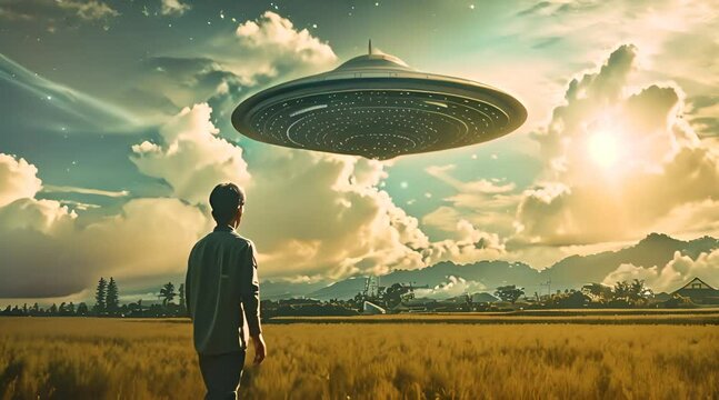 A man looks at a UFO or alien floating above a rice field in the clouds. floating above the sky flying objects like spaceships and alien invasion, extraterrestrial life, space travel, spaceships 