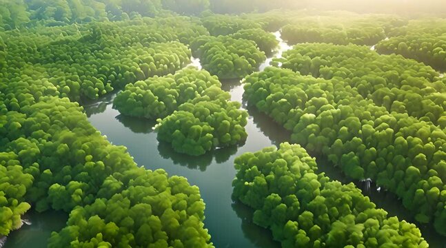 Aerial view of green mangrove forest with sunlight. Mangrove ecosystem. Natural carbon sinks. Mangroves capture CO2 from atmosphere. Blue carbon ecosystems. Mangroves absorb carbon dioxide emissions.