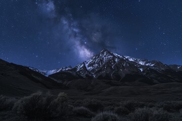 A photo capturing the stunning night sky with stars over a majestic mountain range, Contours of a mountain range under a star-lit night sky, AI Generated