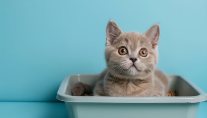 Cute British Shorthair cat in litter box on blue background, generated with AI