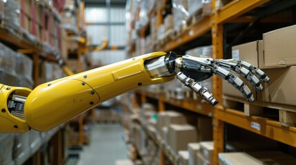 A robot arm sorting and stacking boxes on a warehouse shelf, with AI analytics displayed on a screen.
