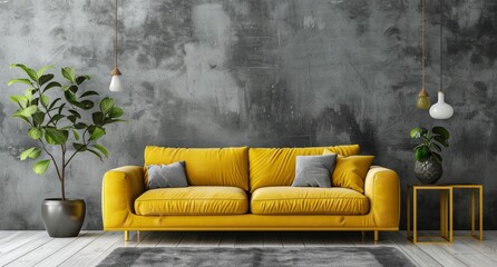Yellow Couch and Potted Plants in Living Room