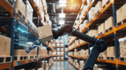 A robot arm sorting and stacking boxes on a warehouse shelf, with AI analytics displayed on a screen.