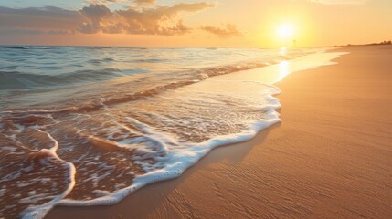 A beach with waves and sand at sunset, AI