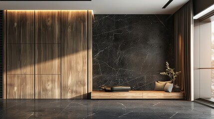Wooden wardrobe against black marble wall in minimalist style interior design of modern bedroom.
