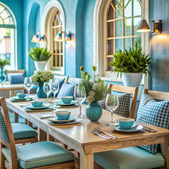 table setting in the restaurant interior light blu