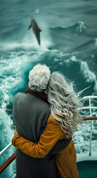 Elderly couple watching a jumping dolphin from a ship. A touch of vacation, love and wild fauna captured in a vertical video.