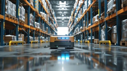 An automated guided vehicle (AGV) navigating through a warehouse, carrying inventory and guided by AI software.
