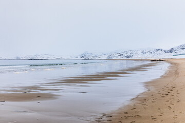 northern polar landscapes in the Teriberka Nature Park on the shore of the Barents Sea, Murmansk, Russia
