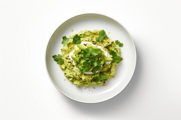 Traditional Latin American Mexican guacamole sauce in a bowl, cut avocado pieces on a white background. View from above