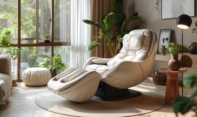 Electric massage 3D rendering with a large bright light beige living room, generated with AI