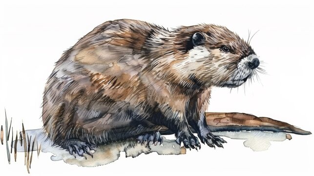 A watercolor painting of a beaver sitting on the ground, AI