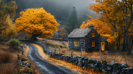 An ancient stone house nestled amidst vibrant autumn foliage, exuding a rustic charm with its weathered facade and colorful surroundings, evoking a sense of nostalgia and tranquility - obrazy, fototapety, plakaty