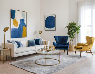 modern living room with sofa, blue and yellow  interior 
