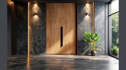 Wooden wardrobe against black marble wall in minimalist style interior design of modern bedroom.

