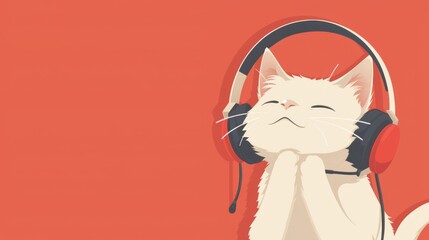 Illustration detailed minimalist cartoon of a lovely white cat listening to music, generated with AI