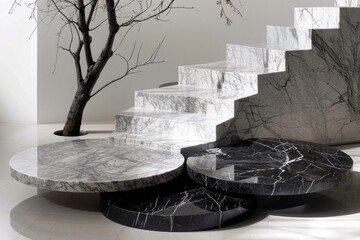 A stunning marble table sits elegantly next to a majestic tree, blending nature and luxury in perfect harmony.