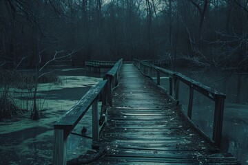 A wooden bridge spans across a calm body of water, providing a connection between two points in a peaceful natural setting, Creaky wooden bridge over a sinister swamp, AI Generated - Powered by Adobe