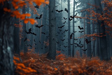 A dense forest filled with numerous bats flying through the air, Creepy autumn forest with hanging bats on trees, AI Generated