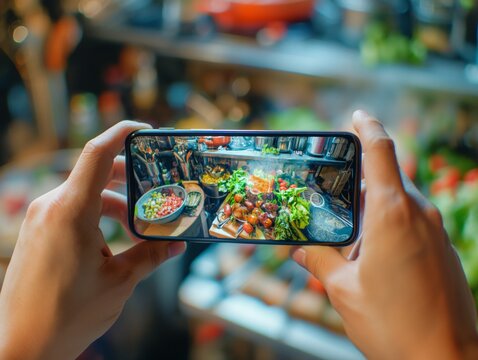 A person is holding a cell phone and taking a picture of a salad. Concept of freshness and health, as the salad is full of colorful vegetables. The person appears to be enjoying the moment