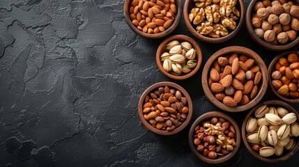 Obraz na płótnie Canvas Mixed nuts in wooden bowls on black stone table almonds pistachio walnuts cashew hazelnut top view nut photo, generated with AI