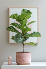 Modern botanical print of Fig graphic style plant in a light pink, generated with AI