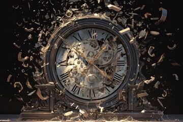 An old clock is shattering in the center of an empty black background,