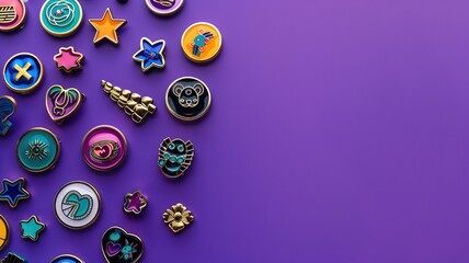 Assorted pins and badges with various designs on purple background
