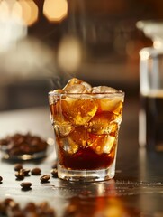 Photography of iced Americano in a stylish visible ice dark espresso light on an elegant natural light showcasing cool and premium coffee roasted coffee beans beside, generated with AI