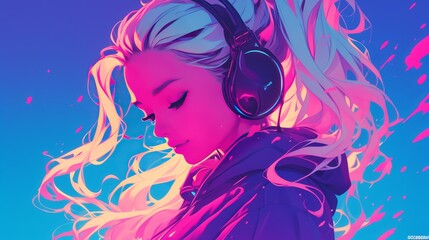beautiful blonde woman with headphones listening to music