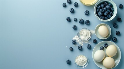 Ingredients for baking on blue background, with eggs, flour, and blueberries