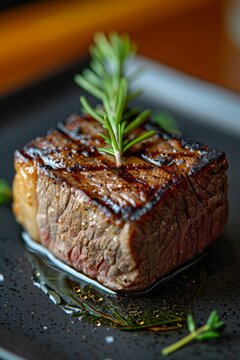 Realistic image of a succulent Wagyu perfectly seared and presented on a clean black plate, generated with AI