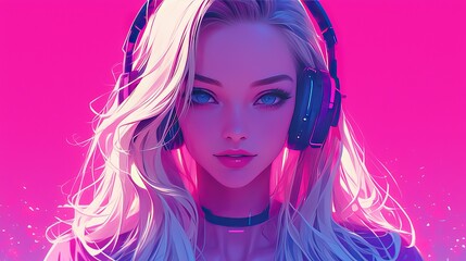 Beautiful blonde woman with headphones listening to music 