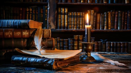 Vintage books with quill on desk, lit by candle, in library setting
