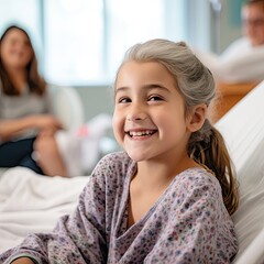 Little asian girl lying on hospital bed