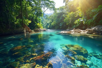 Obraz premium A river flows through a scenic landscape filled with trees and rocks in a breathtaking natural setting, Crystal clear river cutting through a vibrant rainforest, AI Generated