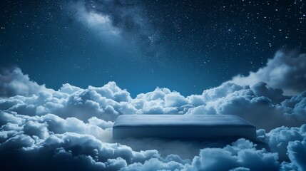 A cozy bed floats in the midst of a surreal sky filled with fluffy clouds, creating a dreamlike scene of serenity and peace. - obrazy, fototapety, plakaty