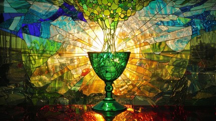 Stained glass window depicting the holy grail overflowing with green magical power, generated with AI