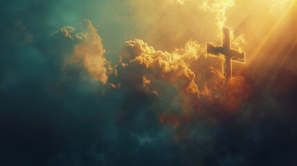 Cross in the Middle of Cloud-Filled Sky - obrazy, fototapety, plakaty