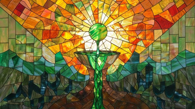 Stained glass window depicting the holy grail overflowing with green magical power, generated with AI