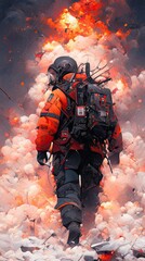 Fireman in uniform on smoke background