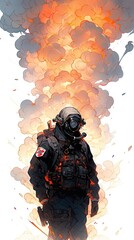 Rescue man in firefighter uniform and oxygen mask.