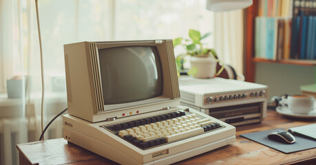 Vintage computer on desk with books and coffee cup in background